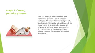 Grupo 2: Carnes,
pescados y huevos
Función plástica. Son alimentos que
incorporan proteínas de alto poder
biológico, hierro y vitaminas del grupo B.
Son igual de necesarias las proteínas de la
carne como la de pescado, aunque el
pescado se considera más saludable por
su contenido en grasas omega 3. Los
huevos también son ricos en nutrientes
esenciales.
 