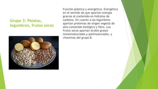 Grupo 3: Patatas,
legumbres, frutos secos
Función plástica y energética. Energética
en el sentido de que aportan energía
gracias al contenido en hidratos de
carbono. En cuanto a las legumbres
aportan proteínas de origen vegetal de
alto contenido biológico y fibra. Los
frutos secos aportan ácidos grasos
monoinsaturados y poliinsaturados, y
vitaminas del grupo B.
 