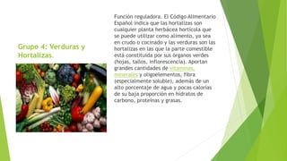 Grupo 4: Verduras y
Hortalizas.
Función reguladora. El Código Alimentario
Español indica que las hortalizas son
cualquier planta herbácea hortícola que
se puede utilizar como alimento, ya sea
en crudo o cocinado y las verduras son las
hortalizas en las que la parte comestible
está constituida por sus órganos verdes
(hojas, tallos, inflorescencia). Aportan
grandes cantidades de vitaminas,
minerales y oligoelementos, fibra
(especialmente soluble), además de un
alto porcentaje de agua y pocas calorías
de su baja proporción en hidratos de
carbono, proteínas y grasas.
 