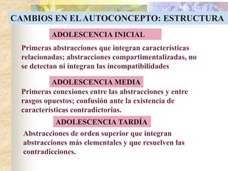 Primeras abstracciones que integran características
relacionadas; abstracciones compartimentalizadas, no
se detectan ni integran las incompatibilidades
Primeras conexiones entre las abstracciones y entre
rasgos opuestos; confusión ante la existencia de
características contradictorias.
Abstracciones de orden superior que integran
abstracciones más elementales y que resuelven las
contradicciones.
CAMBIOS EN ELAUTOCONCEPTO: ESTRUCTURA
ADOLESCENCIA INICIAL
ADOLESCENCIA MEDIA
ADOLESCENCIA TARDÍA
 