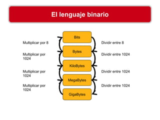 El lenguaje binario
Bits
Bytes
KiloBytes
MegaBytes
GigaBytes
Dividir entre 8
Dividir entre 1024
Dividir entre 1024
Dividir entre 1024
Multiplicar por 8
Multiplicar por
1024
Multiplicar por
1024
Multiplicar por
1024
 