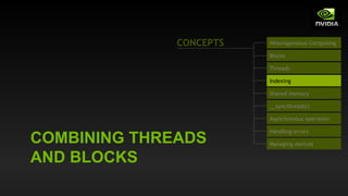 COMBINING THREADS
AND BLOCKS
Heterogeneous Computing
Blocks
Threads
Indexing
Shared memory
__syncthreads()
Asynchronous operation
Handling errors
Managing devices
CONCEPTS
 