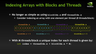 0 1 7
2 3 4 5 6 7 0 1 2 3 4 5 6 7 0 1 2 3 4 5 6 7 0 1 2 3 4 5 6
Indexing Arrays with Blocks and Threads
With M threads/block a unique index for each thread is given by:
int index = threadIdx.x + blockIdx.x * M;
No longer as simple as using blockIdx.x and threadIdx.x
Consider indexing an array with one element per thread (8 threads/block)
threadIdx.x threadIdx.x threadIdx.x threadIdx.x
blockIdx.x = 0 blockIdx.x = 1 blockIdx.x = 2 blockIdx.x = 3
 