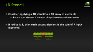 1D Stencil
Consider applying a 1D stencil to a 1D array of elements
Each output element is the sum of input elements within a radius
If radius is 3, then each output element is the sum of 7 input
elements:
radius radius
 