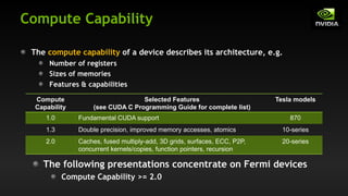 Compute Capability
The compute capability of a device describes its architecture, e.g.
Number of registers
Sizes of memories
Features & capabilities
The following presentations concentrate on Fermi devices
Compute Capability >= 2.0
Compute
Capability
Selected Features
(see CUDA C Programming Guide for complete list)
Tesla models
1.0 Fundamental CUDA support 870
1.3 Double precision, improved memory accesses, atomics 10-series
2.0 Caches, fused multiply-add, 3D grids, surfaces, ECC, P2P,
concurrent kernels/copies, function pointers, recursion
20-series
 