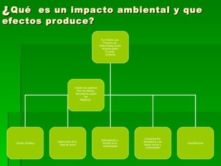 ¿ Qué es un impacto ambiental y que
efectos produce?
                                                            Es el efecto que
                                                              Produce una
                                                           Determinada acción
                                                             Humana sobre
                                                                El medio
                                                                ambiente




                                    Pueden ser positivos
                                      Pero los efectos
                                     Secundarios suelen
                                             Ser
                                        Negativos.




                                                                                 Contaminación
                                                            Deforestación y
                     Destrucción de la                                          Atmosférica y de
  Cambio climático                                           Perdida de la                         Desertificación
                      Capa de ozono                                             Aguas marina y
                                                             biodiversidad
                                                                                  continentales
 