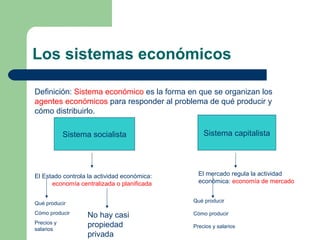 Los sistemas económicos
Definición: Sistema económico es la forma en que se organizan los
agentes económicos para responde...