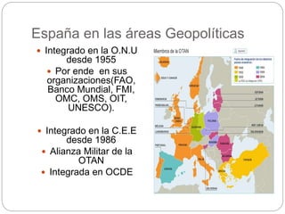 España en las áreas Geopolíticas
 Integrado en la O.N.U
desde 1955
 Por ende en sus
organizaciones(FAO,
Banco Mundial, FMI,
OMC, OMS, OIT,
UNESCO).
 Integrado en la C.E.E
desde 1986
 Alianza Militar de la
OTAN
 Integrada en OCDE
 