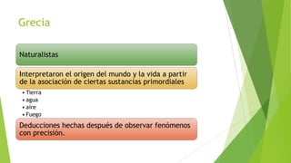 Grecia
Naturalistas
Interpretaron el origen del mundo y la vida a partir
de la asociación de ciertas sustancias primordiales
• Tierra
• agua
• aire
• Fuego

Deducciones hechas después de observar fenómenos
con precisión.

 