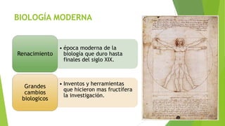 BIOLOGÍA MODERNA

Renacimiento

Grandes
cambios
biologicos

• época moderna de la
biología que duro hasta
finales del siglo XIX.

• Inventos y herramientas
que hicieron mas fructífera
la investigación.

 