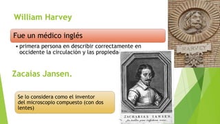 William Harvey
Fue un médico inglés
• primera persona en describir correctamente en
occidente la circulación y las propiedades de la sangre

Zacaias Jansen.
Se lo considera como el inventor
del microscopio compuesto (con dos
lentes)

 