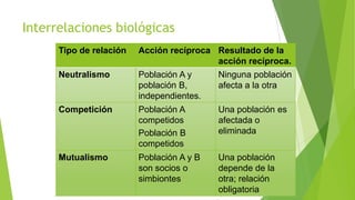 Interrelaciones biológicas
Tipo de relación

Acción recíproca Resultado de la
acción recíproca.

Neutralismo

Población A y
población B,
independientes.

Ninguna población
afecta a la otra

Competición

Población A
competidos
Población B
competidos

Una población es
afectada o
eliminada

Mutualismo

Población A y B
son socios o
simbiontes

Una población
depende de la
otra; relación
obligatoria

 