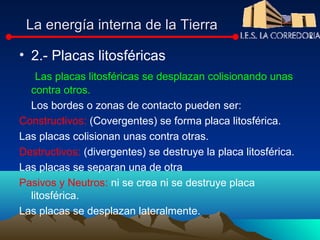 La energía interna de la Tierra

• 2.- Placas litosféricas
    Las placas litosféricas se desplazan colisionando unas
  contra otros.
  Los bordes o zonas de contacto pueden ser:
Constructivos: (Covergentes) se forma placa litosférica.
Las placas colisionan unas contra otras.
Destructivos: (divergentes) se destruye la placa litosférica.
Las placas se separan una de otra
Pasivos y Neutros: ni se crea ni se destruye placa
  litosférica.
Las placas se desplazan lateralmente.
 