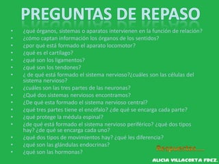 • ¿qué órganos, sistemas o aparatos intervienen en la función de relación?
• ¿cómo captan información los órganos de los sentidos?
• ¿por qué está formado el aparato locomotor?
• ¿qué es el cartílago?
• ¿qué son los ligamentos?
• ¿qué son los tendones?
• ¿ de qué está formado el sistema nervioso?¿cuáles son las células del
sistema nervioso?
• ¿cuáles son las tres partes de las neuronas?
• ¿Qué dos sistemas nerviosos encontramos?
• ¿De qué esta formado el sistema nervioso central?
• ¿qué tres partes tiene el encéfalo? ¿de qué se encarga cada parte?
• ¿qué protege la médula espinal?
• ¿de qué está formado el sistema nervioso periférico? ¿qué dos tipos
hay? ¿de qué se encarga cada uno?
• ¿qué dos tipos de movimientos hay? ¿qué les diferencia?
• ¿qué son las glándulas endocrinas?
• ¿qué son las hormonas?
 