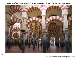 26
http://clasesconarte.blogspot.com/
ARQUERÍAS DOBLADAS, ORATORIO DE LA MEZQUITA DECÓRDOBA
 