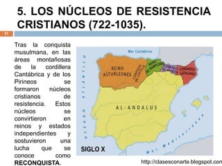 5. LOS NÚCLEOS DE RESISTENCIA
CRISTIANOS (722-1035).
31
http://clasesconarte.blogspot.com
Tras la conquista
musulmana, en las
áreas montañosas
de la cordillera
Cantábrica y de los
Pirineos se
formaron núcleos
cristianos de
resistencia. Estos
núcleos se
convirtieron en
reinos y estados
independientes y
sostuvieron una
lucha que se
conoce como
RECONQUISTA.
 