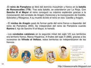34
http://clasesconarte.blogspot.com
-El reino de Pamplona se libró del dominio musulmán y franco en la batalla
de Roncesvalles (778). Tras esta batalla, se extendieron por La Rioja. Con
Sancho III el Mayor el reino consiguió su máximo esplendor gracias a la
incorporación del condado de Aragón (herencia) y la incorporación de Castilla,
Sobrarbe y Ribagorza. A su muerte dividió el reino en dos: Castilla y Aragón.
- El núcleo de Aragón pasó de formar parte del reino franco a depender del
reino de Pamplona (940). Se independizó del reino de Pamplona cuando
Ramiro I, hijo de Sancho III el Mayor, lo heredó.
- Los condados catalanes en la segunda mitad del siglo VIII sus territorios
era territorio franco, Marca Hispánica. A finales del siglo X (988), gracias a los
sucesores de Vifredo el Velloso, estos territorios se independizaron de los
francos.
 