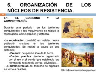 6. ORGANIZACIÓN DE LOS
NÚCLEOS DE RESISTENCIA.
35
http://clasesconarte.blogspot.com
6.1. EL GOBIERNO Y LA
ADMINISTRACIÓN.
Durante este periodo en los territorios
conquistados a los musulmanes se realizó la
repoblación, administración y defensa.
-La repoblación consistió en instalar nueva
población cristiana en los territorios
conquistados. Se realizó a través de dos
sistemas:
- Presura: ocupación libre de la tierra.
- Cartas pueblas: territorio organizado
por el rey o el conde que establecía las
normas de reparto de tierras, privilegios…
- La administración del territorio se organizó
en torno a castillos.
 
