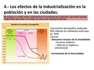 Fuerte crecimiento del comercio, al
reducirse los costes.
Especialización de la economía
mundial.
Modificación de los modos de
vida: mejora de la dieta y facilidades
para la emigración.

 