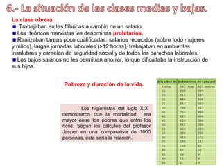 Una novedad fue la consolidación de la pequeña burguesía o clases medias y
de una clase obrera. Aun así el campesinado siguió siendo la clase dominante.
La difusión de las clases medias.
A finales del XIX, apareció una clase media o pequeña burguesía.
Las clases medias fueron creciendo a lo largo del XIX y XX.
Grupo heterogéneo: artesanos, pequeños comerciantes, puestos
intermedios del ejército y administración, profesores, propietarios rurales, …
Ahorran para hacer patrimonio e invertían en la educación de sus hijos.
Suelen ser moderados.

 