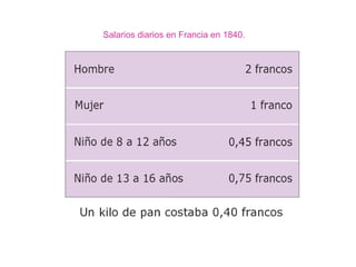 La clase obrera.
Trabajaban en las fábricas a cambio de un salario.
Los teóricos marxistas les denominan proletarios.
Realizaban tareas poco cualificadas: salarios reducidos (sobre todo mujeres
y niños), largas jornadas laborales (>12 horas), trabajaban en ambientes
insalubres y carecían de seguridad social y de todos los derechos laborales.
Los bajos salarios no les permitían ahorrar, lo que dificultaba la instrucción de
sus hijos.
Pobreza y duración de la vida.

Los higienistas del siglo XIX
demostraron que la mortalidad era
mayor entre los pobres que entre los
ricos. Según los cálculos del profesor
Jasper en una comparativa de 1000
personas, esta sería la relación.

 