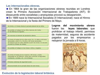 Los anarquistas, negaban el poder del Estado y
pretenden sustituirlo.
Rechazan la política y a participar en elecciones.
Confían en la lucha sindical.
Los principales líderes del anarquismo en la segunda
mitad del XIX: los rusos Bakunin y Kropotkin y el
francés Proudhon.

La Primera Internacional
Considerando: Que la emancipación de los trabajadores debe ser obra de ellos mismos, que sus
esfuerzos por conquistar su emancipación no deben tender a constituir nuevos privilegios, sino a
establecer para todos los mismos derechos y los mismos deberes. Que el sometimiento del
trabajador al capital es la fuente de toda servidumbre: política, moral, material. Que, por esta razón,
la emancipación económica de los trabajadores es el gran objetivo al que debe ser subordinado
todo movimiento político. Que todos los esfuerzos realizados hasta aquí han fracasado por falta de
solidaridad entre los obreros de las diversas profesiones en cada país, y de una unión fraternal
entre los trabajadores
de diversas regiones. Que la emancipación de los trabajadores no es un problema simplemente
local o nacional, sino que, por el contrario, interesa a todas las naciones […]
Preámbulo del texto fundacional de la Primera Internacional, Londres, 1864

 