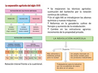  Se mejoraron las técnicas agrícolas:
sustitución del barbecho por la rotación
continua de cultivos.
 En el siglo XIX se introdujeron los abonos
químicos y nuevas máquinas.
 Reformas en la ganadería: cultivo de
forrajes y aumento de la estabulación.
 Cambio en las estructuras agrarias:
incremento de la propiedad privada.

Rotación trienal frente a la cuatrienal.

 