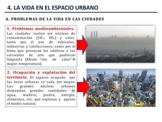 4. LA VIDA EN EL ESPACIO URBANO
2. Ocupación y explotación del
territorio. El espacio ocupado por
las áreas urbanas es cada vez mayor.
Los grandes núcleos urbanos
demandan grandes cantidades de
agua, madera, piedra, energía,
alimentos, etc, que explotan y agotan
el medio natural.
contaminación (CO2,
tanto por el uso
SO2) y calor,
de vehículos,
industrias y calefacciones, como por el
freno que provocan los edificios a las
corrientes de aire que pudieran
limpiarla (Efecto “isla de calor”
mayor temperatura).
A. PROBLEMAS DE LA VIDA EN LAS CIUDADES
1. Problemas medioambientales.
Las ciudades suelen ser núcleos de
 