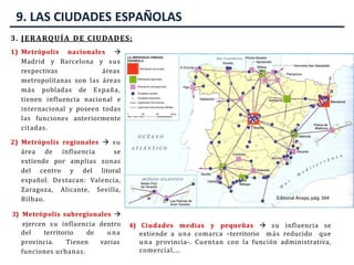 9. LAS CIUDADES ESPAÑOLAS
3) Metrópolis subregionales 
ejercen su influencia dentro
una
varias
del territorio de
provincia. Tienen
funciones urbanas.
4) Ciudades medias y pequeñas  su influencia se
extiende a una comarca –territorio más reducido que
una provincia-. Cuentan con la función administrativa,
comercial,…
3. JERARQUÍA DE CIUDADES:
1) Metrópolis nacionales 
Madrid y Barcelona y sus
respectivas áreas
metropolitanas son las áreas
más pobladas de España,
tienen influencia nacional e
internacional y poseen todas
las funciones anteriormente
citadas.
2) Metrópolis regionales  su
área de influencia se
extiende por amplias zonas
del centro y del litoral
español. Destacan: Valencia,
Zaragoza, Alicante, Sevilla,
Bilbao.
 