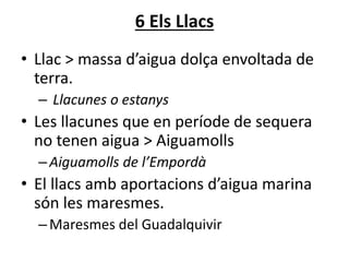 6 Els Llacs
• Llac > massa d’aigua dolça envoltada de
terra.
– Llacunes o estanys
• Les llacunes que en període de sequera
no tenen aigua > Aiguamolls
–Aiguamolls de l’Empordà
• El llacs amb aportacions d’aigua marina
són les maresmes.
–Maresmes del Guadalquivir
 