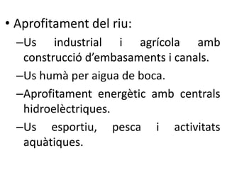 • Aprofitament del riu:
–Us industrial i agrícola amb
construcció d’embasaments i canals.
–Us humà per aigua de boca.
–Aprofitament energètic amb centrals
hidroelèctriques.
–Us esportiu, pesca i activitats
aquàtiques.
 