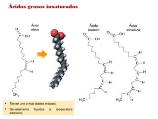 Ácidos grasos insaturados
 Tienen uno o más dobles enlaces.
 Generalmente  líquidos  a  temperatura 
ambiente.
 