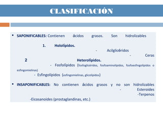  SAPONIFICABLES: Contienen ácidos grasos. Son hidrolizables
1. Hololípidos.
-  Acilglicéridos        
                 -  Ceras
2 Heterolípidos.
    -  Fosfolípidos (fosfoglicéridos, fosfoaminolípidos, fosfoesfingolípidos o
esfingomielinas)                                                                      
                -  Esfingolípidos (esfingomielinas, glicolípidos)
 INSAPONIFICABLES: No contienen ácidos grasos y no son hidrolizables
- Esteroides
      -Terpenos
        -Eicosanoides (prostaglandinas, etc.) 
CLASIFICACIÓN
 