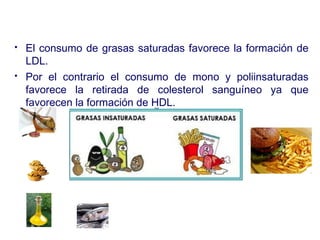  El consumo de grasas saturadas favorece la formación de
LDL.
 Por el contrario el consumo de mono y poliinsaturadas
favorece la retirada de colesterol sanguíneo ya que
favorecen la formación de HDL.
 
