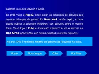 Castelao xa nunca volvería a Galiza
En 1938 viaxa a Moscú, onde expón as coleccións de debuxos que
amosan estampas da guerra. En Nova York tamén expón, e nesa
cidade publica a colección Milicianos, con debuxos sobre o mesmo
tema. Viaxa logo a Cuba e finalmente establece a súa residencia en
Bos Aires, onde funda, con outros exiliados, a revista Galeuzca.
No ano 1946 é nomeado ministro do goberno da República no exilio.
Moscú Bos Aires
Nova Iorque Cuba
 