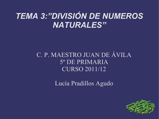 C. P. MAESTRO JUAN DE ÁVILA 5º DE PRIMARIA CURSO 2011/12 Lucía Pradillos Agudo TEMA 3:”DIVISIÓN DE NUMEROS NATURALES” 