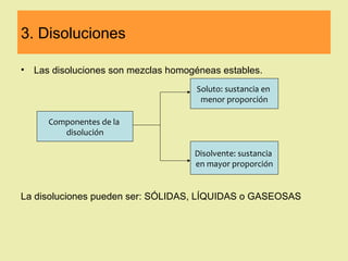 3. Disoluciones

•   Las disoluciones son mezclas homogéneas estables.
                                      Soluto: sustancia en
                                       menor proporción

       Componentes de la
          disolución

                                      Disolvente: sustancia
                                      en mayor proporción


La disoluciones pueden ser: SÓLIDAS, LÍQUIDAS o GASEOSAS
 