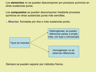 Los elementos no se pueden descomponer por procesos químicos en
otras sustancias puras.

Los compuestos se pueden descomponer mediante procesos
químicos en otras sustancias puras más sencillas.

2.   Mezclas: formadas por dos o mas sustancias puras.


                                     Heterogéneas: se pueden
                                     diferenciar partes a simple
                                    vista, con lupa o microscopio

      Tipos de mezclas


                                        Homogéneas: no se
                                        observan diferencias



Siempre se pueden separar por métodos físicos.
 