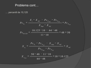 Problema:Hemos administrado un test de ansiedad a una muestra de 200 personas y con las puntuaciones obtenidas hemos confeccionado la siguiente distribución de frecuencias. Determina el percentil que correspondería a las siguientes puntuaciones: 13; 10,125La primera puntuación solicitada 13, es una p. observada en la distribución de frecuencias:La siguiente p. solicitada no es observada por lo que debemos interpolar entre los valores inmediatamente superior  e inferior.