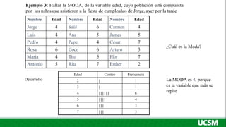Nombre Edad Nombre Edad Nombre Edad
Jorge 4 Saúl 6 Carmen 4
Luis 4 Ana 5 James 5
Pedro 4 Pepe 4 César 7
Rosa 6 Coco 6 Arturo 3
María 4 Tito 5 Flor 7
Antonio 5 Rita 7 Esther 2
Ejemplo 3: Hallar la MODA, de la variable edad, cuyo población está compuesta
por los niños que asistieron a la fiesta de cumpleaños de Jorge, ayer por la tarde
Edad Conteo Frecuencia
2 | 1
3 | 1
4 | | | | | | 6
5 | | | | 4
6 | | | 3
7 | | | 3
¿Cuál es la Moda?
Desarrollo La MODA es 4, porque
es la variable que más se
repite
 