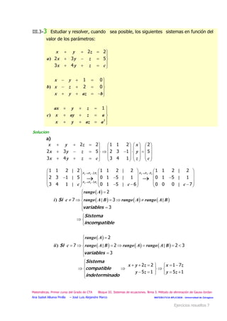 III.3-3 Estudiar y resolver, cuando sea posible, los siguientes sistemas en función del
valor de los parámetros:
   

   
   
)
2 2
2 3
3 4
x y z
a x y z
x
5
y z c
   

   
    
)
1 0
2 0
x y
b x z
x y az b
   

   
   
)
2
1ax y z
c x ay z a
x y az a
Solución
a)
   

   
   
2 2
2 3
3 4
x y z
x y z
x
5
y z c
   
   
      
   
   
1 1 2 2
2 3 1 5
3 4 1
x
y
 
 
 
 
 z c
  
 
    
    
      
    



      
 
| |
| |
| |
3 3 22 2 1
3 3 1
2
3
1 1 2 2 1 1 2 2 1 1 2 2
2 3 1 5 0 1 5 1 0 1 5 1
3 4 1 0 1 5 6 0 0 0 7
F F FF F F
F F F
c c 
|
|
| c
 
     
 
     
) | |
) | |
 

    



 

 

    



Si
variables
Sistema
incompatible
Si
variables
Sistema
compatibl
rango A
i c rango A B rango A rango A B
rango A
ii c rango A B rango A rango A B
2
7 3
3
2
7 2
3

     
  
 2 3

   

e
indeterminado
x

y z x
y z y z
2 2 1 7
5 1 5 1
z
Ejercicios resueltos 7
Matemátic . Primer curso del Grado de CTA Bloque III. Sistemas de ecuaciones.as Tema 3. Método de eliminación de Gauss-Jordan
MATEMÁTICA APLICADA - Universidad de ZaragozaAna Isabel Allueva Pinilla – José Luis Alejandre Marco
 