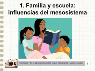 1. Familia y escuela: influencias del mesosistemaVARIABLES PSICOLÓGICAS IMPLICADAS EN LAS RELACIONES FAMILIA-ESCUELA2