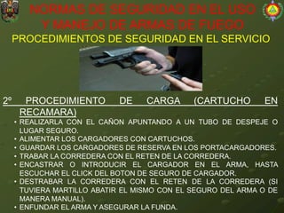PROCEDIMIENTOS DE SEGURIDAD EN EL SERVICIO
NORMAS DE SEGURIDAD EN EL USO
Y MANEJO DE ARMAS DE FUEGO
2º PROCEDIMIENTO DE CARGA (CARTUCHO EN
RECAMARA)
• REALIZARLA CON EL CAÑON APUNTANDO A UN TUBO DE DESPEJE O
LUGAR SEGURO.
• ALIMENTAR LOS CARGADORES CON CARTUCHOS.
• GUARDAR LOS CARGADORES DE RESERVA EN LOS PORTACARGADORES.
• TRABAR LA CORREDERA CON EL RETEN DE LA CORREDERA.
• ENCASTRAR O INTRODUCIR EL CARGADOR EN EL ARMA, HASTA
ESCUCHAR EL CLICK DEL BOTON DE SEGURO DE CARGADOR.
• DESTRABAR LA CORREDERA CON EL RETEN DE LA CORREDERA (SI
TUVIERA MARTILLO ABATIR EL MISMO CON EL SEGURO DEL ARMA O DE
MANERA MANUAL).
• ENFUNDAR EL ARMA Y ASEGURAR LA FUNDA.
 