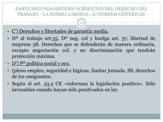 PARTE SEGUNDA SISTEMA NORMATIVO DEL DERECHO DEL
TRABAJO. –LA NORMA LABORAL- A) NORMAS GENÉRICAS.
12
 C’) Derechos y libertades de garantía media.
 Dº al trabajo art.35, Dº neg. col y huelga art. 37, libertad de
empresa 38. Derechos que se defenderán de manera ordinaria,
excepto negociación col. y no discriminación que tendrán
protección máxima.
 D’) Pº política social y eco.
 (pleno empleo, seguridad e higiene, limitar jornada, SS, derechos
de los emigrantes.
 Según el art. 53.3 CE «informan la legislación positiva». Sólo
invocables cuando hayan sido positivados en ley.
 