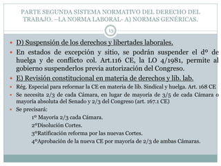 PARTE SEGUNDA SISTEMA NORMATIVO DEL DERECHO DEL
TRABAJO. –LA NORMA LABORAL- A) NORMAS GENÉRICAS.
13
 D) Suspensión de los derechos y libertades laborales.
 En estados de excepción y sitio, se podrán suspender el dº de
huelga y de conflicto col. Art.116 CE, la LO 4/1981, permite al
gobierno suspenderlos previa autorización del Congreso.
 E) Revisión constitucional en materia de derechos y lib. lab.
 Rég. Especial para reformar la CE en materia de lib. Sindical y huelga. Art. 168 CE
 Se necesita 2/3 de cada Cámara, en lugar de mayoría de 3/5 de cada Cámara o
mayoría absoluta del Senado y 2/3 del Congreso (art. 167.1 CE)
 Se precisará:
1º Mayoría 2/3 cada Cámara.
2ºDisolución Cortes.
3ºRatificación reforma por las nuevas Cortes.
4ºAprobación de la nueva CE por mayoría de 2/3 de ambas Cámaras.
 