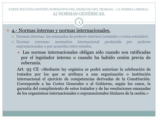 PARTE SEGUNDA SISTEMA NORMATIVO DEL DERECHO DEL TRABAJO. –LA NORMA LABORAL-
A) NORMAS GENÉRICAS.
4
 4.- Normas internas y normas internacionales.
 Normas internas: las emanadas de poderes internos (estatales o extra-estatales).
 Normas externas: normativa internacional producida por poderes
supranacionales o por acuerdos entre estados.
 Las normas internacionales obligan sólo cuando son ratificadas
por el legislador interno o cuando ha habido cesión previa de
soberanía.
Art. 93 CE «Mediante ley orgánica se podrá autorizar la celebración de
tratados por los que se atribuya a una organización o institución
internacional el ejercicio de competencias derivadas de la Constitución.
Corresponde a las Cortes Generales o al Gobierno, según los casos, la
garantía del cumplimiento de estos tratados y de las resoluciones emanadas
de los organismos internacionales o supranacionales titulares de la cesión.»
 