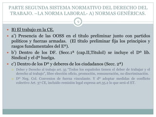 PARTE SEGUNDA SISTEMA NORMATIVO DEL DERECHO DEL
TRABAJO. –LA NORMA LABORAL- A) NORMAS GENÉRICAS.
9
 B) El trabajo en la CE.
 a’) Presencia de las OOSS en el título preliminar junto con partidos
políticos y fuerzas armadas. (El título preliminar fija los principios y
rasgos fundamentales del Eº).
 b’) Dentro de los DF. (Secc.1ª (cap.II,TítuloI) se incluye el Dº lib.
Sindical y el dº huelga.
 c’) Dentro de los Dº y deberes de los ciudadanos (Secc. 2ª)
 Deber y Derecho al trabajo art. 35 “Todos los españoles tienen el deber de trabajar y el
derecho al trabajo”, libre elección oficio, promoción, remuneración, no discriminación.
 Dº Neg. Col. Convenios de fuerza vinculante. Y dº adoptar medidas de conflicto
colectivo Art. 37 CE, incluido remisión legal expresa art.35.2 lo que será el ET.
 