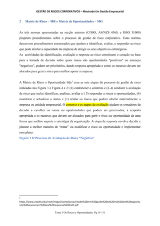 GESTÃO DE RISCOS CORPORATIVOS – Mestrado Em Gestão Empresarial
Tema 3 Os Riscos e Oportunidades Pg 19 / 51
2 Matriz de Risco – MR e Matriz de Oportunidades – MO
As três normas apresentadas na secção anterior (COSO, AS/NZS 4360, e ISSO 31000)
propõem procedimentos sobre o processo de gestão de risco corporativo. Estas normas
descrevem procedimentos estruturados que ajudam a identificar, avaliar, e responder ao risco
que pode afectar a capacidade da empresa de atingir os seus objectivos estratégicos.
As actividades de identificação, avaliação e resposta ao risco constituem o coração ou base
para a tomada de decisão sobre quais riscos são oportunidades "positivos" ou ameaças
"negativos", podem ser prioritários, dando resposta apropriada e como os recursos devem ser
alocados para gerir o risco para melhor apoiar a empresa.
A Matriz de Risco e Oportunidade lida5
com as sete etapas do processo de gestão de risco
indicadas nas Figura 3 e Figura 4 e 2: (1) estabelecer o contexto e (2-4) conduzir a avaliação
de risco que inclui identificar, analisar, avaliar e ( 5) responder a riscos e oportunidades, (6)
monitorar e actualizar o status e (7) relatar os riscos que podem afectar materialmente a
empresa ou unidade empresarial. O contexto e as etapas de avaliação ajudam os tomadores de
decisão a escolher os riscos ou oportunidades que podem ser priorizados, a resposta
apropriada e os recursos que devem ser alocados para gerir o risco ou oportunidade de uma
forma que melhor suporte a estratégia da organização. A etapa de resposta envolve decidir e
planear a melhor maneira de “tratar” ou modificar o risco ou oportunidade e implementar
esse plano.
Figura 3 O Processo de Avaliação de Risco “Negativo”
5
https://www.citadel.edu/root/images/compliance/citadel%20erm%20guide%20to%20risk%20and%20opportu
nity%20assessment%20and%20response%20draft.pdf
 