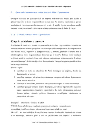 GESTÃO DE RISCOS CORPORATIVOS – Mestrado Em Gestão Empresarial
Tema 3 Os Riscos e Oportunidades Pg 21 / 51
2.1 Quem pode implementar o roteiro Matriz de Risco e Oportunidade
Qualquer indivíduo em qualquer nível da empresa pode usar este roteiro para avaliar e
planear respostas a riscos e oportunidades na sua área. No entanto, recomenda-se que as
avaliações de risco sejam conduzidas nos três níveis de gestão: (gestão estratégica, gestão
táctica e gestão operacional) a informação seja agregada numa base de dados de riscos.
2.1.1 O roteiro Matriz de Risco e Oportunidade
Etapa 1: estabelecer o contexto
O objectivo de estabelecer o contexto para avaliação de risco e oportunidade é entender os
factores externos e internos que podem afectar a capacidade da organização de cumprir com a
sua missão, visão, objectivos e competitividade; e, portanto, preparar o terreno para a
identificação de riscos e oportunidades. Uma vez que o "risco" é definido como "qualquer
problema (positivo ou negativo) que pode afectar a capacidade de uma organização de atingir
os seus objectivos", definir os objectivos da organização é um pré-requisito para identificar
riscos e oportunidades.
Passos a seguir
1. Identificar as metas ou objectivos do Plano Estratégico da empresa, divisão ou
departamento, se houver.
2. Identificar quaisquer iniciativas importantes que a empresa, divisão ou departamento
esta a planear ou realizar
3. Identificar as actividades, funções ou serviços essenciais para os outros funcionarem.
4. Identificar qualquer contexto externo da empresa, divisão ou departamento: requisitos
legais / regulamentares, percepções e expectativas das partes interessadas e quaisquer
factores sociais, culturais, políticos, financeiros, tecnológicos, económicos ou
competitivos relevantes.
Exemplo 1 - estabelecer o contexto da UEM
VISÃO - Ser a referência de excelência no ensino, investigação e extensão, para
comunidade científica regional e internacional e para a sociedade em geral.
MISSÃO - Ser uma instituição de excelência no contexto da educação, da ciência, da cultura
e da tecnologia, educando para a vida os profissionais que capacita e assumindo
 