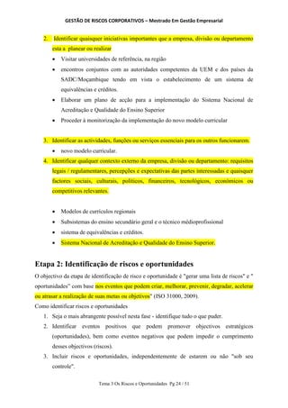GESTÃO DE RISCOS CORPORATIVOS – Mestrado Em Gestão Empresarial
Tema 3 Os Riscos e Oportunidades Pg 24 / 51
2. Identificar quaisquer iniciativas importantes que a empresa, divisão ou departamento
esta a planear ou realizar
 Visitar universidades de referência, na região
 encontros conjuntos com as autoridades competentes da UEM e dos países da
SADC/Moçambique tendo em vista o estabelecimento de um sistema de
equivalências e créditos.
 Elaborar um plano de acção para a implementação do Sistema Nacional de
Acreditação e Qualidade do Ensino Superior
 Proceder à monitorização da implementação do novo modelo curricular
3. Identificar as actividades, funções ou serviços essenciais para os outros funcionarem.
 novo modelo curricular.
4. Identificar qualquer contexto externo da empresa, divisão ou departamento: requisitos
legais / regulamentares, percepções e expectativas das partes interessadas e quaisquer
factores sociais, culturais, políticos, financeiros, tecnológicos, económicos ou
competitivos relevantes.
 Modelos de currículos regionais
 Subsistemas do ensino secundário geral e o técnico médioprofissional
 sistema de equivalências e créditos.
 Sistema Nacional de Acreditação e Qualidade do Ensino Superior.
Etapa 2: Identificação de riscos e oportunidades
O objectivo da etapa de identificação de risco e oportunidade é "gerar uma lista de riscos" e "
oportunidades” com base nos eventos que podem criar, melhorar, prevenir, degradar, acelerar
ou atrasar a realização de suas metas ou objetivos" (ISO 31000, 2009).
Como identificar riscos e oportunidades
1. Seja o mais abrangente possível nesta fase - identifique tudo o que puder.
2. Identificar eventos positivos que podem promover objectivos estratégicos
(oportunidades), bem como eventos negativos que podem impedir o cumprimento
desses objectivos (riscos).
3. Incluir riscos e oportunidades, independentemente de estarem ou não "sob seu
controle".
 